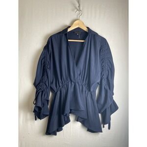 Gracia Navy blue faux wrap peplum top ruched bell sleeves Women Size S  Blouse